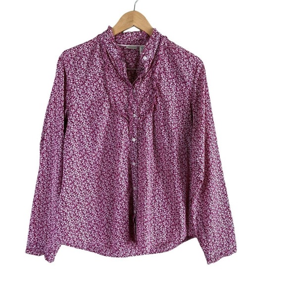 L.L.Bean Ruffle Trim Floral‎ Button Down Shirt in Pink White 100% Cotton, Medium - Picture 1 of 9